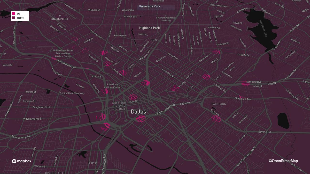 Mapa de cobertura 5G mmWave para Dallas