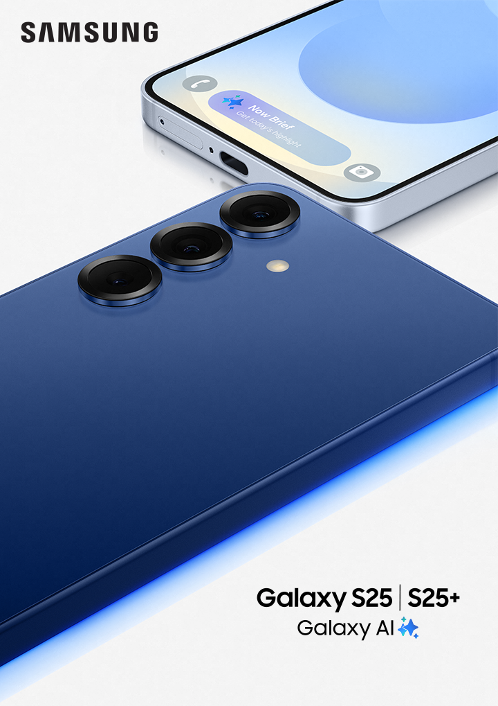 Imagen artística de los teléfonos Samsung Galaxy S25 y S25+ con funciones de Galaxy AI.