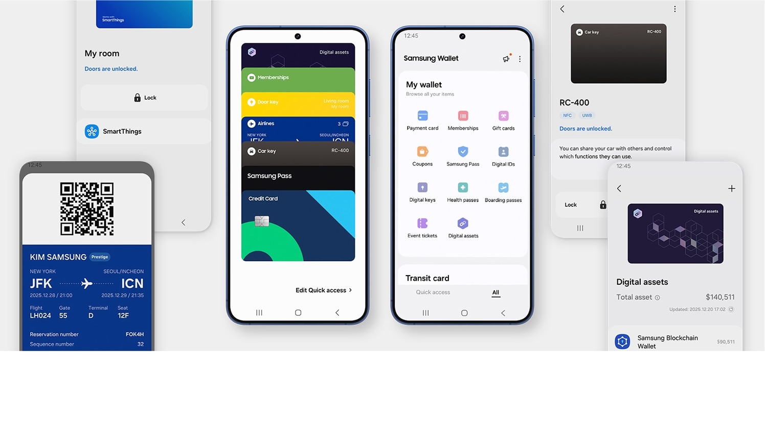 Teléfono Samsung Galaxy S25+ y múltiples pantallas que muestran que los dispositivos Samsung Galaxy pueden guardar tus tarjetas de embarque, tarjetas de pago y mantenerte conectado a tus dispositivos compatibles con SmartThings.