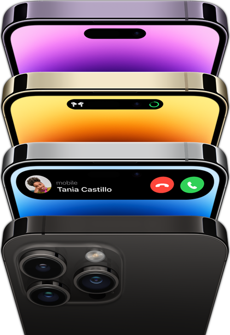 iPhone 14 Pro en cuatro colores diferentes: negro espacial, azul, oro y morado oscuro. Un modelo muestra la parte posterior del teléfono y los otros tres muestran la parte frontal con la pantalla.