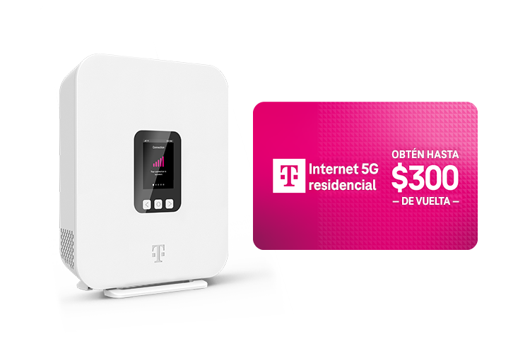 Un gateway de Internet 5G residencial de T-Mobile blanco junto a una tarjeta que dice Internet 5G residencial, obtén hasta 300 dólares de reembolso.