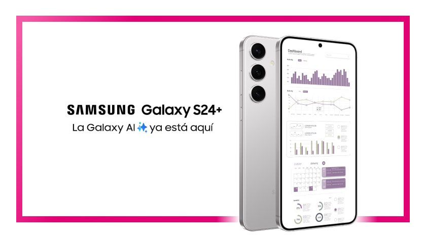 Vista frontal y posterior de dos dispositivos Samsung Galaxy S24+ Marble Gray mostrando la IU del panel de control.
