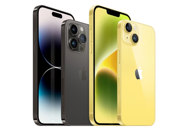 iPhone 14 negro y iPhone 14 Pro amarillo, uno junto a otro.