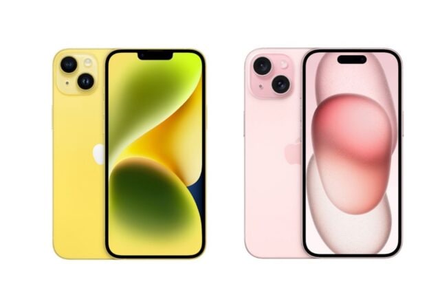 Cara frontal y posterior del iPhone 14 amarillo y del iPhone 15 rosa.