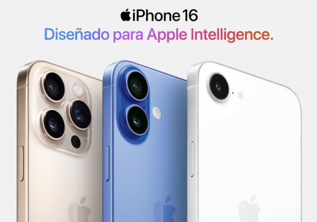 Imagen de tres tipos de iPhone 16 en fila