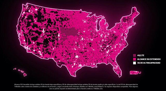 Un mapa de los Estados Unidos usando dos tonos de magenta para mostrar la creciente cobertura 4G LTE y 5G.