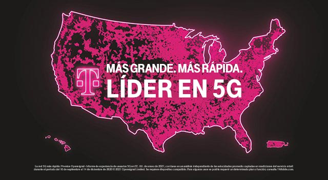 Un mapa de cobertura de T-Mobile con las palabras "Más grande. Más rápida. El líder en 5G".