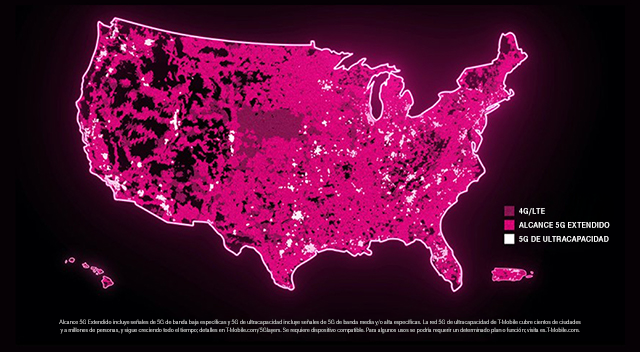 Mapa de cobertura de T-Mobile en Estados Unidos con colores magenta