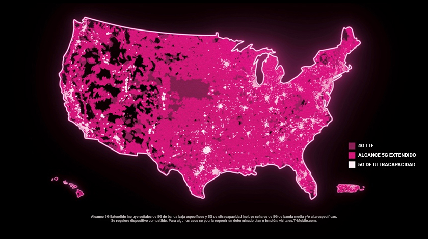 Mapa de los EE. UU. casi cubierto de color magenta para indicar la amplia cobertura 5G