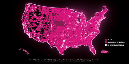 Un mapa de los Estados Unidos con dos tonos de magenta para mostrar la creciente cobertura 4G LTE y 5G
