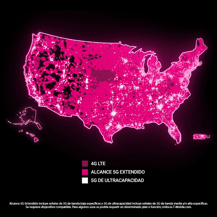 Un mapa de los Estados Unidos que muestra la cobertura de T-Mobile para 4G LTE, Alcance 5G Extendido y 5G de ultracapacidad. Aviso legal: Alcance 5G Extendido incluye señales 5G de banda baja. 5G de ultracapacidad incluye señales 5G exclusivas de banda media y/o alta, y cubre a cientos de ciudades y millones de personas, y se siguen agregando más todo el tiempo; más información en T-Mobile.com/5Glayers. Se requiere dispositivo compatible. Para algunos usos se podría requerir un determinado plan o función; consulta es.T Mobile.com.