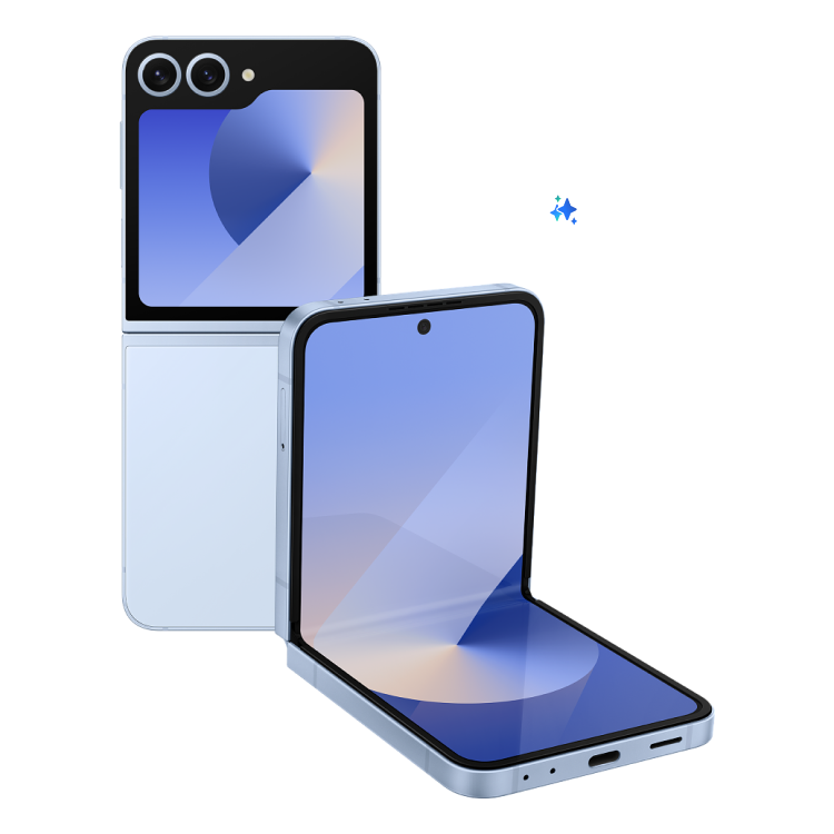 Imagen de la parte delantera y trasera del Galaxy Z Flip6 azul
