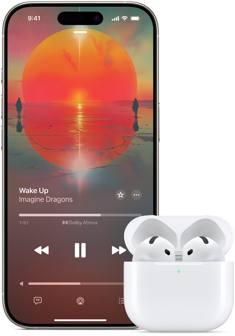 iPhone junto a los AirPods Pro en el estuche de carga, el estuche está abierto