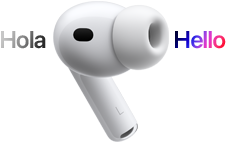 AirPods Pro 3, audífono con punta de silicona, Traducción en Vivo cambia el texto "hola" en español al texto "hello" en inglés