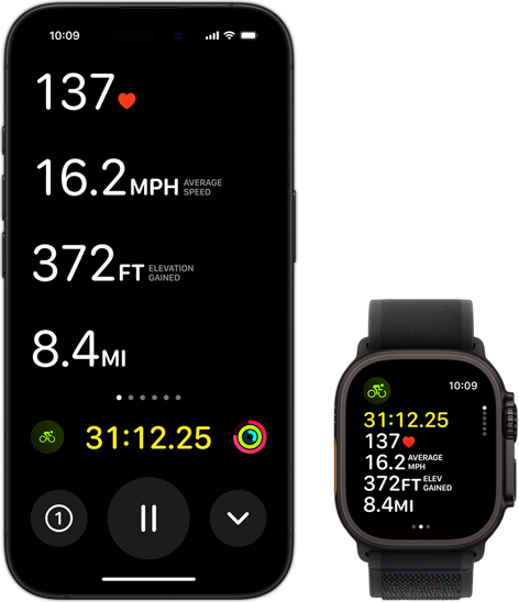 La actividad en vivo muestra las métricas de ciclismo de una persona en su Ultra 2 y su iPhone