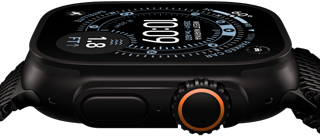 Apple Watch Ultra 3, exterior lateral, caja de titanio negro, brújula en la esfera del reloj Orienteering, botón lateral y Digital Crown.