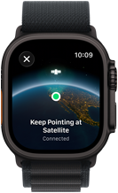 Apple Watch Ultra 3, color negro, caja de titanio, "Mantener apuntando al satélite" sobre la Tierra con una ubicación en pantalla, correa Alpine Loop.
