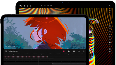 iPad Pro de 13 pulgadas e iPad Pro de 11 pulgadas, exterior frontal, orientación horizontal, color negro espacial, esquinas redondeadas, bisel de pantalla negro, pantalla de 11 pulgadas con muestra una imagen colorida de un personaje con cabello rojo, pantalla de 13 pulgadas que muestra elementos coloridos de la interfaz de edición de fotos