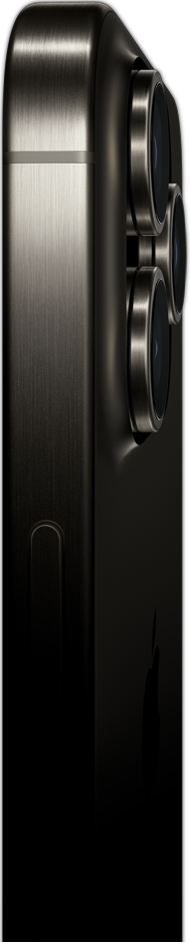 Vista lateral del iPhone 15 Pro Max con un diseño de titanio que muestra el botón de encendido
