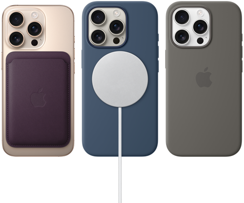 Tres dispositivos iPhone 16 Pro, exterior de la parte trasera, con accesorios MagSafe colocados: billetera MagSafe FineWoven para iPhone, cargador MagSafe y funda de silicona con MagSafe para iPhone ​​​​​​​