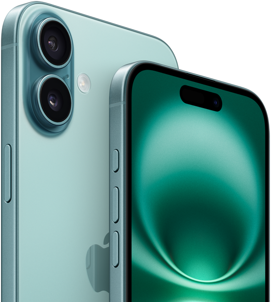 iPhone 16 Plus y iPhone 16, botón de acción, botones de volumen, botón lateral y Control de la Cámara, exterior frontal del diseño todo pantalla, Dynamic Island centrada cerca de la parte superior, exterior de la parte trasera, acabado verde azulado, sistema avanzado de dos cámaras elevado en la esquina superior izquierda, logotipo de Apple en el centro