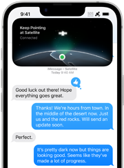 iPhone 16e, indicador de ubicación por satélite, Mantener apuntando al satélite, Conectado, iMessage vía satélite, iMessages intercambiados entre dos usuarios, un usuario señala que tiene recepción en medio del desierto