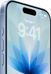 iPhone 17, frente exterior, color azul neblina, Dynamic Island en el centro, botones: botón de acción, volumen