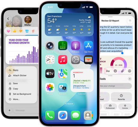 Varios dispositivos iPhone 17e uno al lado del otro mostrando una foto de un gráfico en la aplicación Messages, la pantalla de inicio con el widget del clima y las aplicaciones, y la aplicación Notes con las herramientas de escritura de Apple Intelligence en uso.