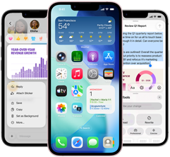 Varios dispositivos iPhone 17e uno al lado del otro mostrando una foto de un gráfico en la aplicación Messages, la pantalla de inicio con el widget del clima y las aplicaciones, y la aplicación Notes con las herramientas de escritura de Apple Intelligence en uso.