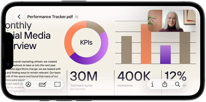 iPhone 17e en orientación horizontal mostrando una llamada en FaceTime para revisar una presentación en Preview