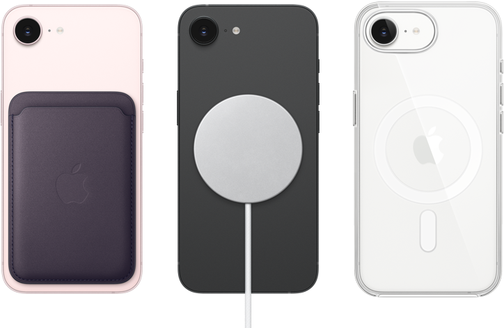 iPhone 17e, parte trasera, color rosa pálido, billetera FineWoven con MagSafe incorporado, iPhone 17e, parte trasera, color negro, cargador MagSafe incorporado, iPhone 17e, parte trasera, color blanco, funda transparente con MagSafe incorporado