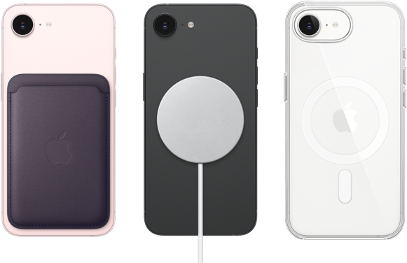 iPhone 17e, parte trasera, color rosa pálido, billetera FineWoven con MagSafe incorporado, iPhone 17e, parte trasera, color negro, cargador MagSafe incorporado, iPhone 17e, parte trasera, color blanco, funda transparente con MagSafe incorporado