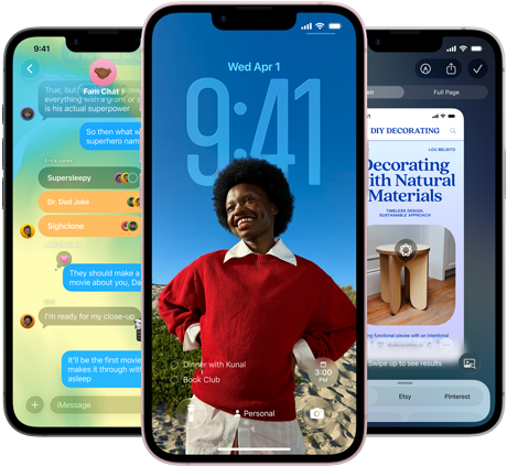 Tres dispositivos iPhone 17e, que muestran la app Mensajes con diseño de vidrio líquido, pantalla de bloqueo dinámica e Inteligencia Visual en uso