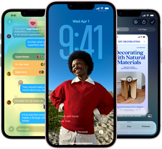 Tres dispositivos iPhone 17e, que muestran la app Mensajes con diseño de vidrio líquido, pantalla de bloqueo dinámica e Inteligencia Visual en uso