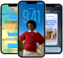 Tres dispositivos iPhone 17e, que muestran la app Mensajes con diseño de vidrio líquido, pantalla de bloqueo dinámica e Inteligencia Visual en uso