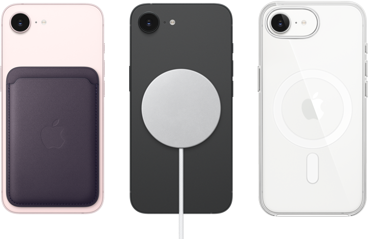 iPhone 17e, parte trasera, color rosa pálido, billetera FineWoven con MagSafe incorporado, iPhone 17e, parte trasera, color negro, cargador MagSafe incorporado, iPhone 17e, parte trasera, color blanco, funda transparente con MagSafe incorporado
