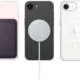 iPhone 17e, parte trasera, color rosa pálido, billetera FineWoven con MagSafe incorporado, iPhone 17e, parte trasera, color negro, cargador MagSafe incorporado, iPhone 17e, parte trasera, color blanco, funda transparente con MagSafe incorporado