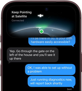 iPhone 18 Pro, borgoña, la pantalla muestra la interfaz de conexión satelital con un punto verde que indica la ubicación del dispositivo, con los mensajes "Sigue apuntando al satélite" y "Conectado" en la parte superior, y una conversación de iMessage debajo