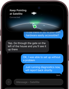 iPhone 18 Pro, borgoña, la pantalla muestra la interfaz de conexión satelital con un punto verde que indica la ubicación del dispositivo, con los mensajes "Sigue apuntando al satélite" y "Conectado" en la parte superior, y una conversación de iMessage debajo