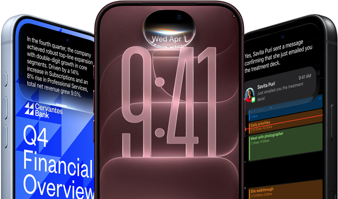 Tres dispositivos iPhone 18 Pro en colores glaciar, borgoña y negro, vista frontal exterior, en cada pantalla se ve un ejemplo de IA: banca, Siri AI, resumen de mensajes