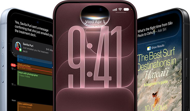 Tres iPhone 18 Pro en colores glaciar, borgoña y negro, vista frontal exterior; en cada pantalla se ve la integración de la IA de Siri, con resumen de mensajes, modo de escucha en la pantalla de bloqueo y la opción Pregúntale a Siri sobre la duración del vuelo