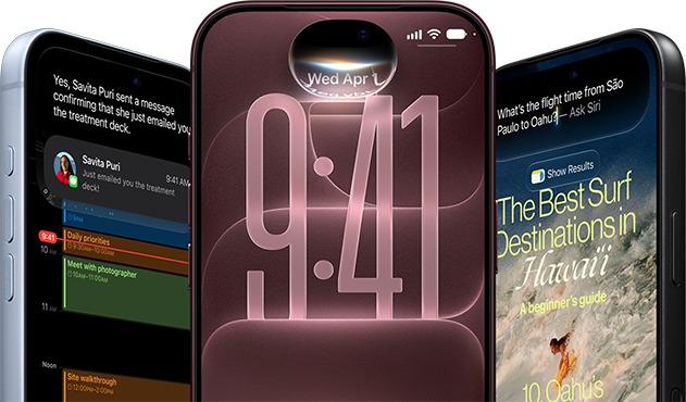 Tres iPhone 18 Pro en colores glaciar, borgoña y negro, vista frontal exterior; en cada pantalla se ve la integración de la IA de Siri, con resumen de mensajes, modo de escucha en la pantalla de bloqueo y la opción Pregúntale a Siri sobre la duración del vuelo