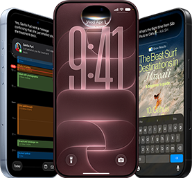 Tres iPhone 18 Pro en colores glaciar, borgoña y negro, vista frontal exterior; en cada pantalla se ve la integración de la IA de Siri, con resumen de mensajes, modo de escucha en la pantalla de bloqueo y la opción Pregúntale a Siri sobre la duración del vuelo
