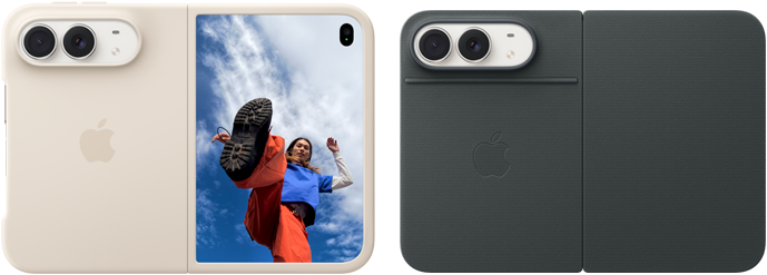 iPhone Duo, color blanco estrella con funda de silicona color arena, orientación apaisada, totalmente abierto en horizontal, cámaras Dual Fusion en la parte superior izquierda; la funda cubre la parte trasera y el borde exterior de la pantalla frontal; el lado derecho muestra el retrato de una persona en la pantalla exterior. iPhone Duo, color blanco estrella, totalmente abierto en horizontal, funda tipo folio azul marino con soporte, totalmente abierto en horizontal; la parte trasera muestra las cámaras traseras Dual Fusion de 48 MP, con dos lentes