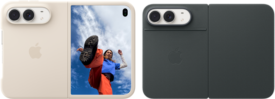 iPhone Duo, color blanco estrella con funda de silicona color arena, orientación apaisada, totalmente abierto en horizontal, cámaras Dual Fusion en la parte superior izquierda; la funda cubre la parte trasera y el borde exterior de la pantalla frontal; el lado derecho muestra el retrato de una persona en la pantalla exterior. iPhone Duo, color blanco estrella, totalmente abierto en horizontal, funda tipo folio azul marino con soporte, totalmente abierto en horizontal; la parte trasera muestra las cámaras traseras Dual Fusion de 48 MP, con dos lentes
