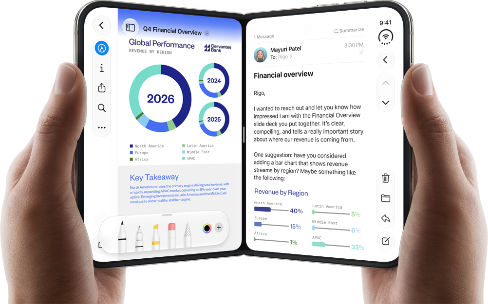 iPhone Duo, sujeto por dos manos en posición horizontal: a la izquierda, se muestra un documento de trabajo en Vista previa y a la derecha, un mensaje de email en Mail
