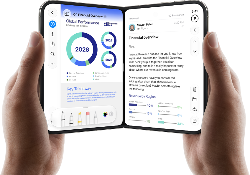 iPhone Duo, sujeto por dos manos en posición horizontal: a la izquierda, se muestra un documento de trabajo en Vista previa y a la derecha, un mensaje de email en Mail
