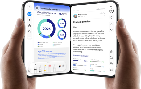 iPhone Duo, sujeto por dos manos en posición horizontal: a la izquierda, se muestra un documento de trabajo en Vista previa y a la derecha, un mensaje de email en Mail