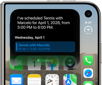 iPhone Duo, plegado; la pantalla exterior muestra una notificación de Siri AI que indica una actualización del calendario