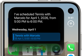iPhone Duo, plegado; la pantalla exterior muestra una notificación de Siri AI que indica una actualización del calendario